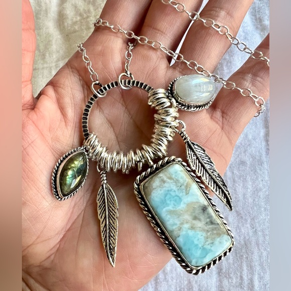 925 WOW WOW! Larimar + Flash Labradorite + Moonstone Charm Necklace Pendant